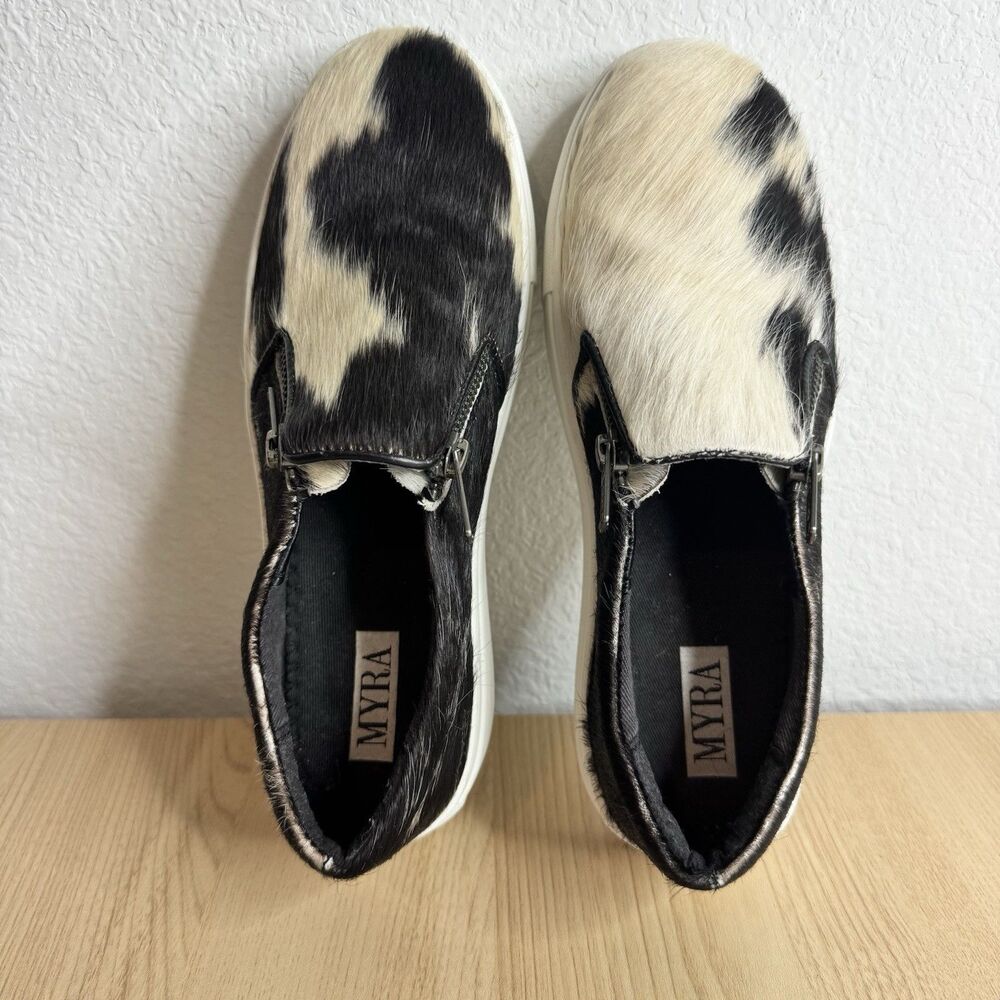 Myra Bags Slip On Sneakers Cowhide Leather Women's Sz 38 Shoes Black & Tan - Picture 8 of 9